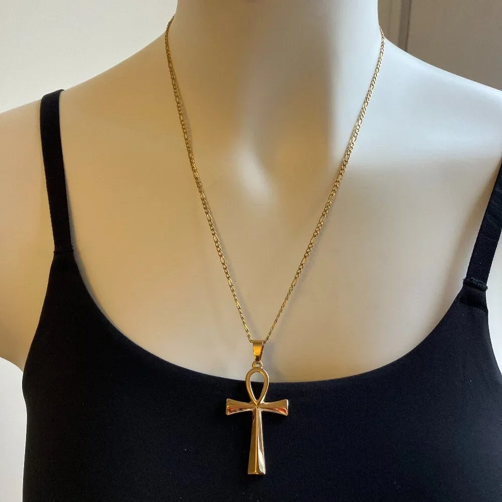 Real 18k Gold Plated 20 in Stainless Steel Figaro + matching Cross Pendant  NEW